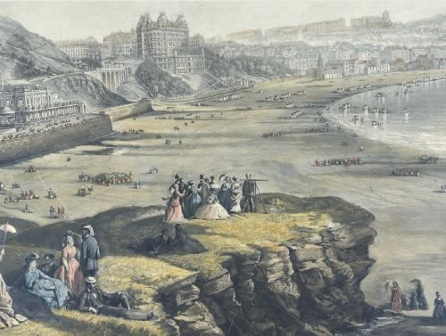 An 1890 monochrome autotype print depicting Victorian figures gathered on a cliff overlooking Scarborough beach and coastal bay. View VIII
