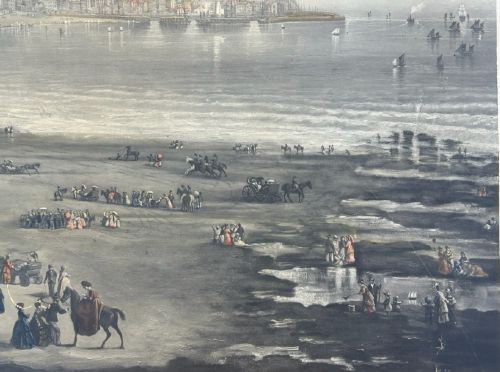 An 1890 monochrome autotype print depicting Victorian figures gathered on a cliff overlooking Scarborough beach and coastal bay. View X