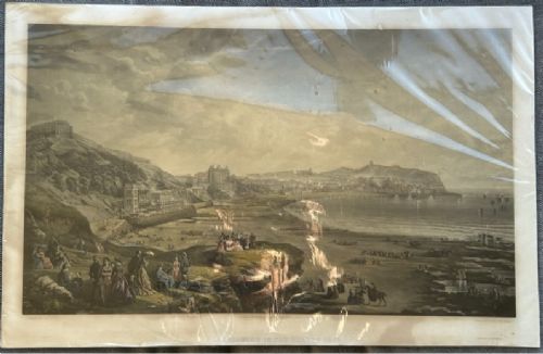 An 1890 monochrome autotype print depicting Victorian figures gathered on a cliff overlooking Scarborough beach and coastal bay. View XIII