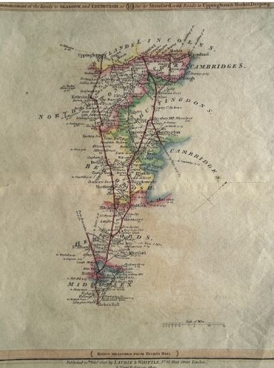 fig 1. An 1821 engraved British road map featuring hand-coloured county outlines detailing travel routes from London to Stamford.