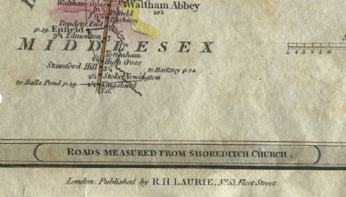 fig 2. A hand-coloured Georgian engraved road map showing routes through Cambridgeshire and Norfolk printed on cream paper.