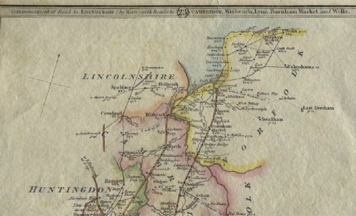 fig 3. A hand-coloured Georgian engraved road map showing routes through Cambridgeshire and Norfolk printed on cream paper.