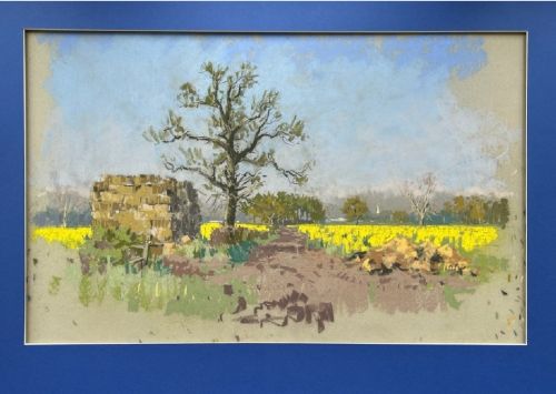 fig 1. A mid-20th-century pastel drawing depicting a rural Yorkshire landscape featuring a bare tree beside a dirt track and vibrant yellow fields under a light blue sky.