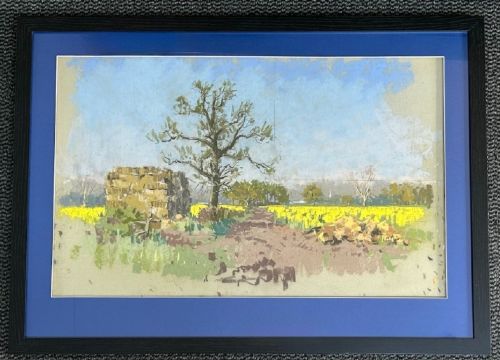 fig 2. A mid-20th-century pastel drawing depicting a rural Yorkshire landscape featuring a bare tree beside a dirt track and vibrant yellow fields under a light blue sky.