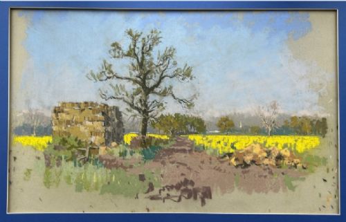 fig 3. A mid-20th-century pastel drawing depicting a rural Yorkshire landscape featuring a bare tree beside a dirt track and vibrant yellow fields under a light blue sky.