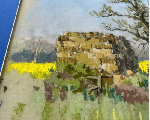 A mid-20th-century pastel drawing depicting a rural Yorkshire landscape featuring a bare tree beside a dirt track and vibrant yellow fields under a light blue sky. View V