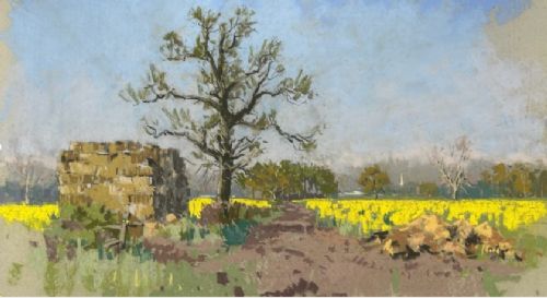 A mid-20th-century pastel drawing depicting a rural Yorkshire landscape featuring a bare tree beside a dirt track and vibrant yellow fields under a light blue sky. View VI