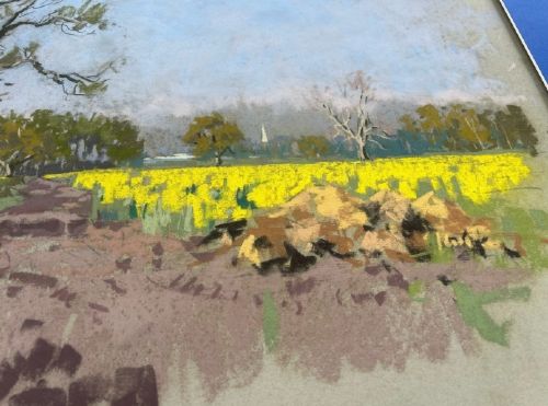 A mid-20th-century pastel drawing depicting a rural Yorkshire landscape featuring a bare tree beside a dirt track and vibrant yellow fields under a light blue sky. View VII