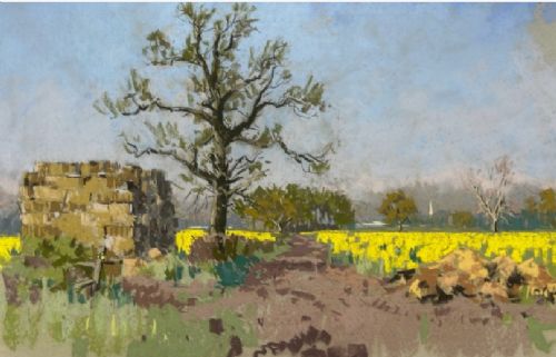 A mid-20th-century pastel drawing depicting a rural Yorkshire landscape featuring a bare tree beside a dirt track and vibrant yellow fields under a light blue sky. View IX