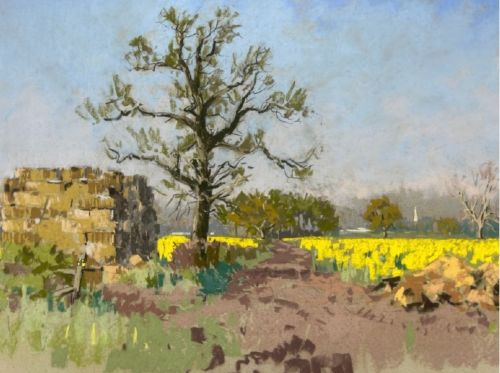 A mid-20th-century pastel drawing depicting a rural Yorkshire landscape featuring a bare tree beside a dirt track and vibrant yellow fields under a light blue sky. View X