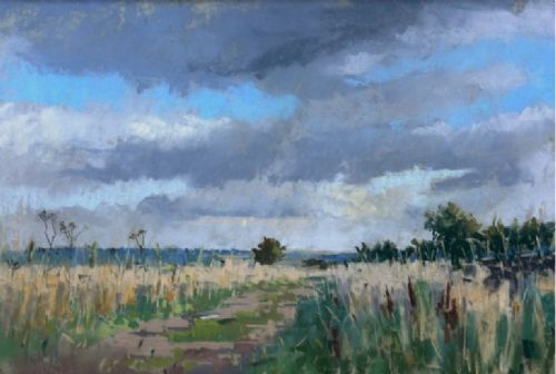 fig 4. A framed pastel painting depicting a grassy pathway through fields under a cloudy blue sky, housed in a dark frame with a light mount.