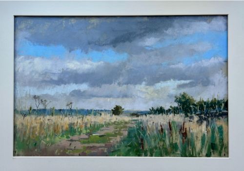 A framed pastel painting depicting a grassy pathway through fields under a cloudy blue sky, housed in a dark frame with a light mount. View VI