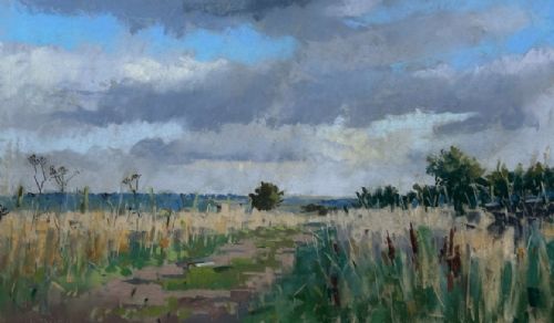 A framed pastel painting depicting a grassy pathway through fields under a cloudy blue sky, housed in a dark frame with a light mount. View VIII