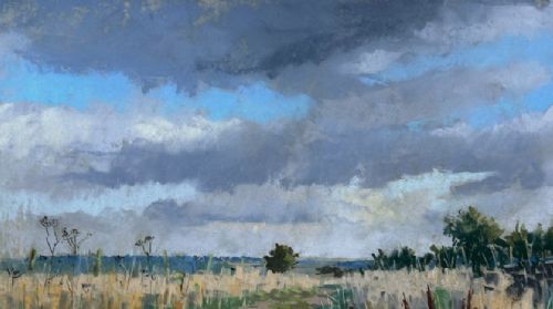 A framed pastel painting depicting a grassy pathway through fields under a cloudy blue sky, housed in a dark frame with a light mount. View IX