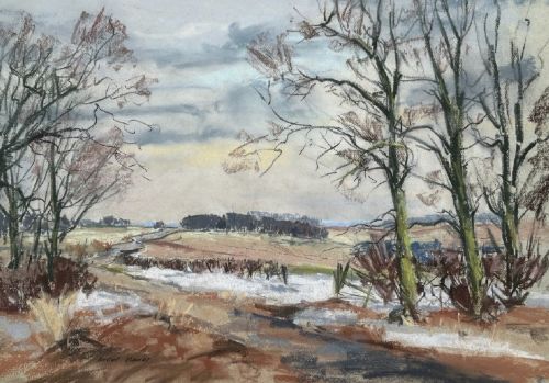 Angus Rands Original Pastel Drawing Painting Near Londesborough East Yorkshire Wolds Snow Scene Mid 20th Century British Landscape
