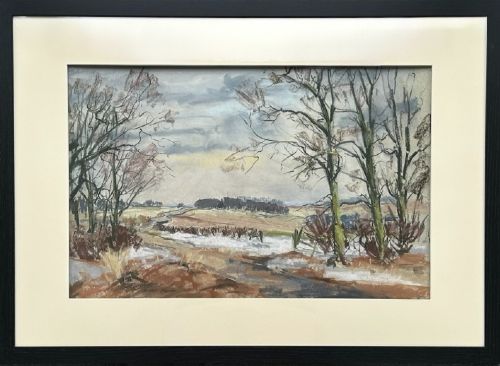 fig 1. A mid-century pastel drawing depicting a snow-covered British country landscape with bare winter trees under a grey sky.