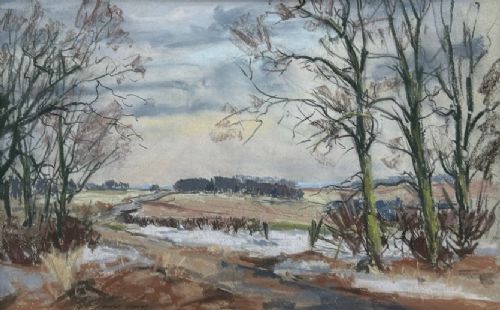 fig 2. A mid-century pastel drawing depicting a snow-covered British country landscape with bare winter trees under a grey sky.
