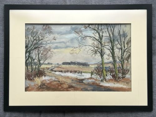 A mid-century pastel drawing depicting a snow-covered British country landscape with bare winter trees under a grey sky. View IV