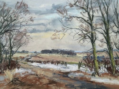 A mid-century pastel drawing depicting a snow-covered British country landscape with bare winter trees under a grey sky. View V