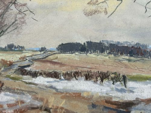 A mid-century pastel drawing depicting a snow-covered British country landscape with bare winter trees under a grey sky. View VI