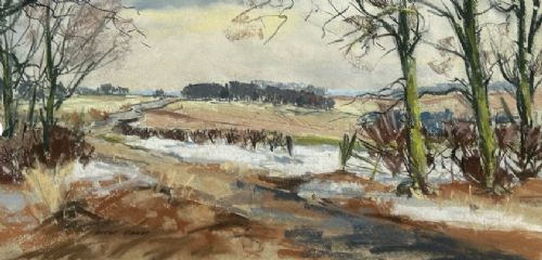 A mid-century pastel drawing depicting a snow-covered British country landscape with bare winter trees under a grey sky. View VII