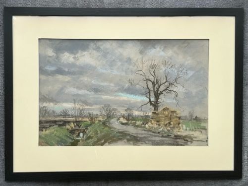 fig 1. A mid-20th-century pastel drawing depicting a winding country lane through a winter landscape under an overcast grey sky.