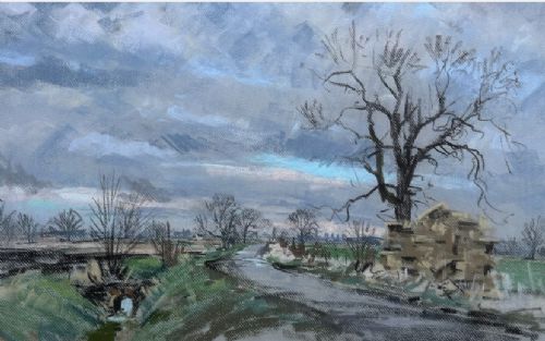 fig 2. A mid-20th-century pastel drawing depicting a winding country lane through a winter landscape under an overcast grey sky.