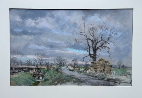 A mid-20th-century pastel drawing depicting a winding country lane through a winter landscape under an overcast grey sky. View IV