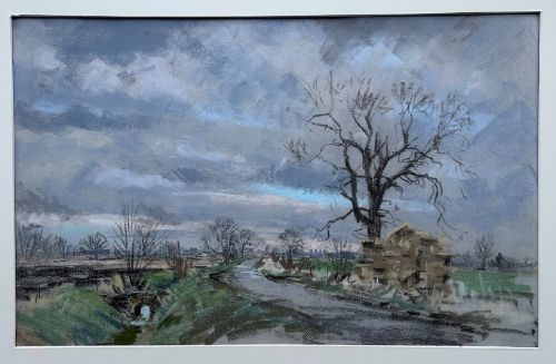 A mid-20th-century pastel drawing depicting a winding country lane through a winter landscape under an overcast grey sky. View V