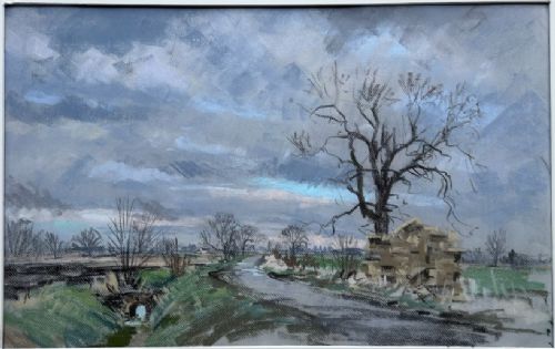 A mid-20th-century pastel drawing depicting a winding country lane through a winter landscape under an overcast grey sky. View VI