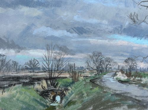 A mid-20th-century pastel drawing depicting a winding country lane through a winter landscape under an overcast grey sky. View VII