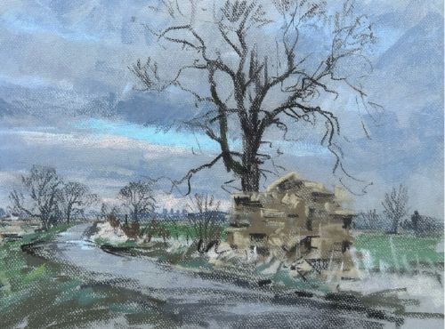 A mid-20th-century pastel drawing depicting a winding country lane through a winter landscape under an overcast grey sky. View VIII