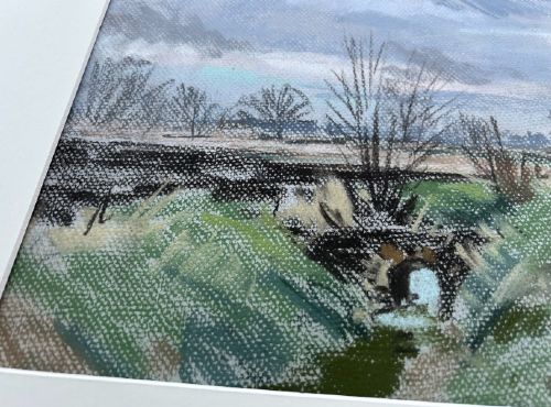 A mid-20th-century pastel drawing depicting a winding country lane through a winter landscape under an overcast grey sky. View IX
