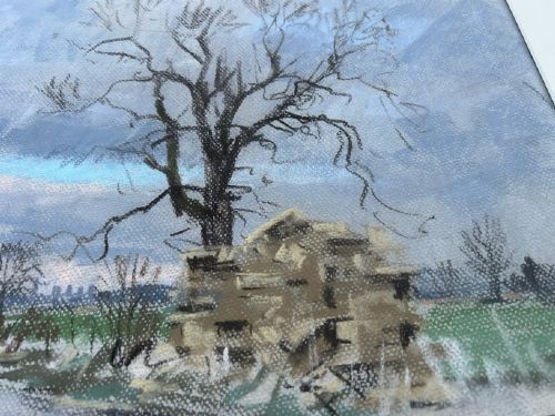 A mid-20th-century pastel drawing depicting a winding country lane through a winter landscape under an overcast grey sky. View X