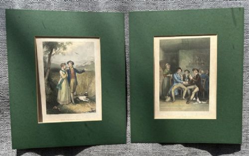 A Pair of Early 19th Century Original Antique Robert Burns Coloured Engravings Auld Lang Syne & Now Westlin Wins