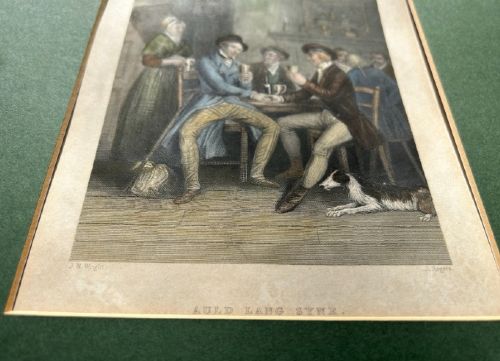 A pair of early nineteenth-century hand-coloured engravings featuring figurative scenes mounted in dark green card. View II