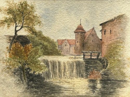 Original 19th Century Antique German Watercolour Painting circa 1890 Zollernschloss Balingen & Eyach Weir Historical Continental Landscape