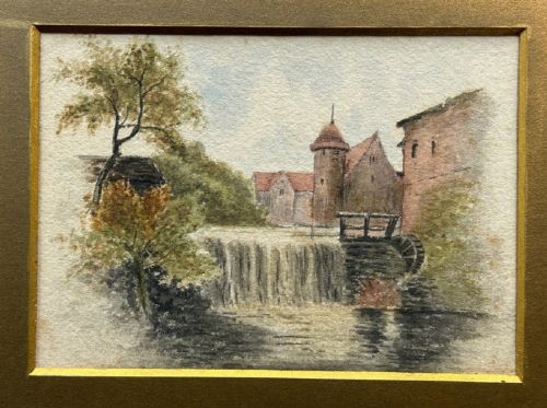 fig 1. A 19th-century watercolour painting depicting a river weir and watermill beside the historic Zollernschloss castle.