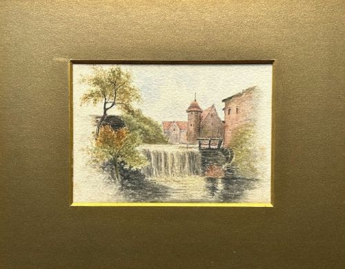 fig 3. A 19th-century watercolour painting depicting a river weir and watermill beside the historic Zollernschloss castle.