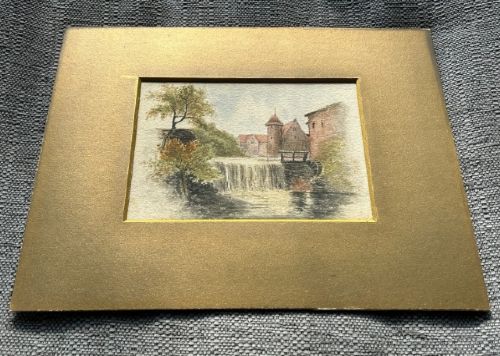 fig 4. A 19th-century watercolour painting depicting a river weir and watermill beside the historic Zollernschloss castle.