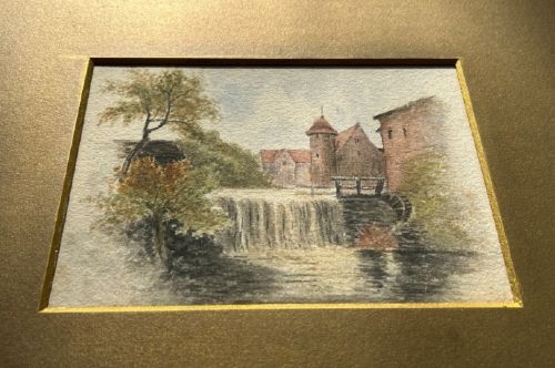 fig 5. A 19th-century watercolour painting depicting a river weir and watermill beside the historic Zollernschloss castle.