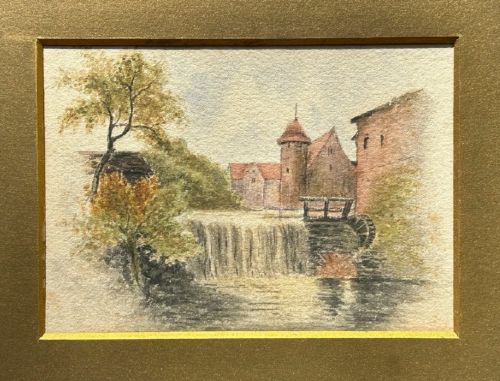 fig 6. A 19th-century watercolour painting depicting a river weir and watermill beside the historic Zollernschloss castle.