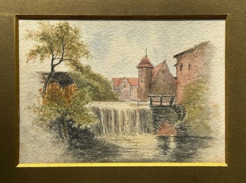A 19th-century watercolour painting depicting a river weir and watermill beside the historic Zollernschloss castle. View VII