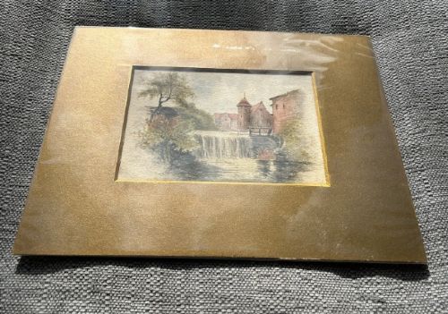 A 19th-century watercolour painting depicting a river weir and watermill beside the historic Zollernschloss castle. View VIII
