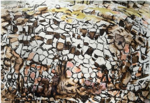 fig 1. A detailed close-up of a mid-century ink and watercolour painting depicting abstract basalt rock formations in shades of brown, peach, and off-white.