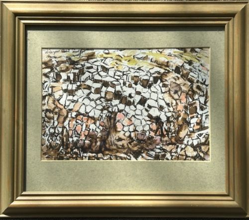 fig 2. A detailed close-up of a mid-century ink and watercolour painting depicting abstract basalt rock formations in shades of brown, peach, and off-white.