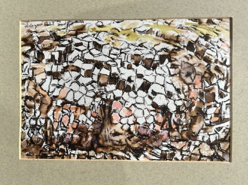 fig 3. A detailed close-up of a mid-century ink and watercolour painting depicting abstract basalt rock formations in shades of brown, peach, and off-white.