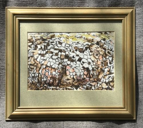 A detailed close-up of a mid-century ink and watercolour painting depicting abstract basalt rock formations in shades of brown, peach, and off-white. View V