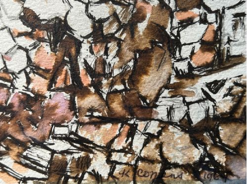 A detailed close-up of a mid-century ink and watercolour painting depicting abstract basalt rock formations in shades of brown, peach, and off-white. View VI