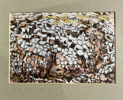 A detailed close-up of a mid-century ink and watercolour painting depicting abstract basalt rock formations in shades of brown, peach, and off-white. View VII